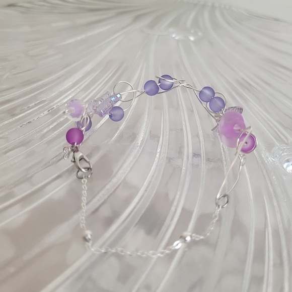 Silver Plated Holographic Butterfly Frosted Glass Wire Ball Chain Bracelet - Picture 6 of 14